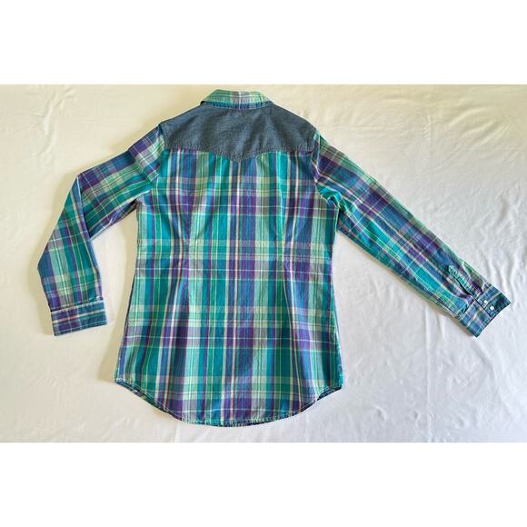 Hinge Plaid Button Down Mini Dress Top Flannel Blue Purple Green Size Medium - Picture 6 of 13